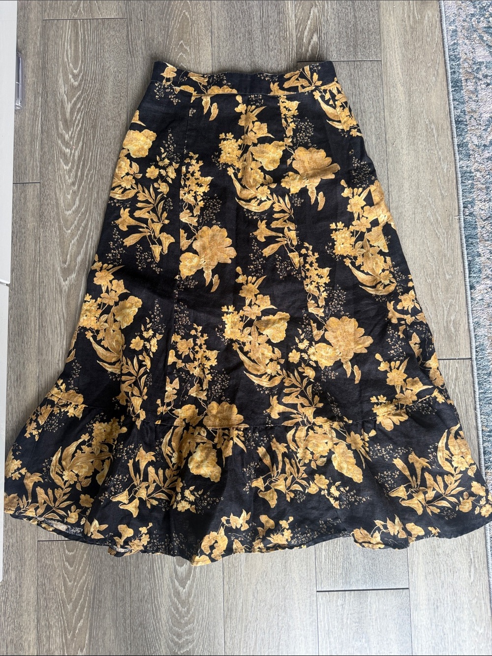 Reformation Black & Gold Floral linen A-Line Midi Skirt